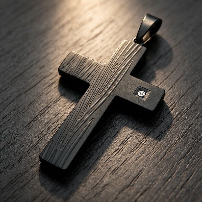 Kemstone Wood Grain Cross Pendant Necklace for Men Stainless Steel Cubic Zirconia Accent KP119491-HR