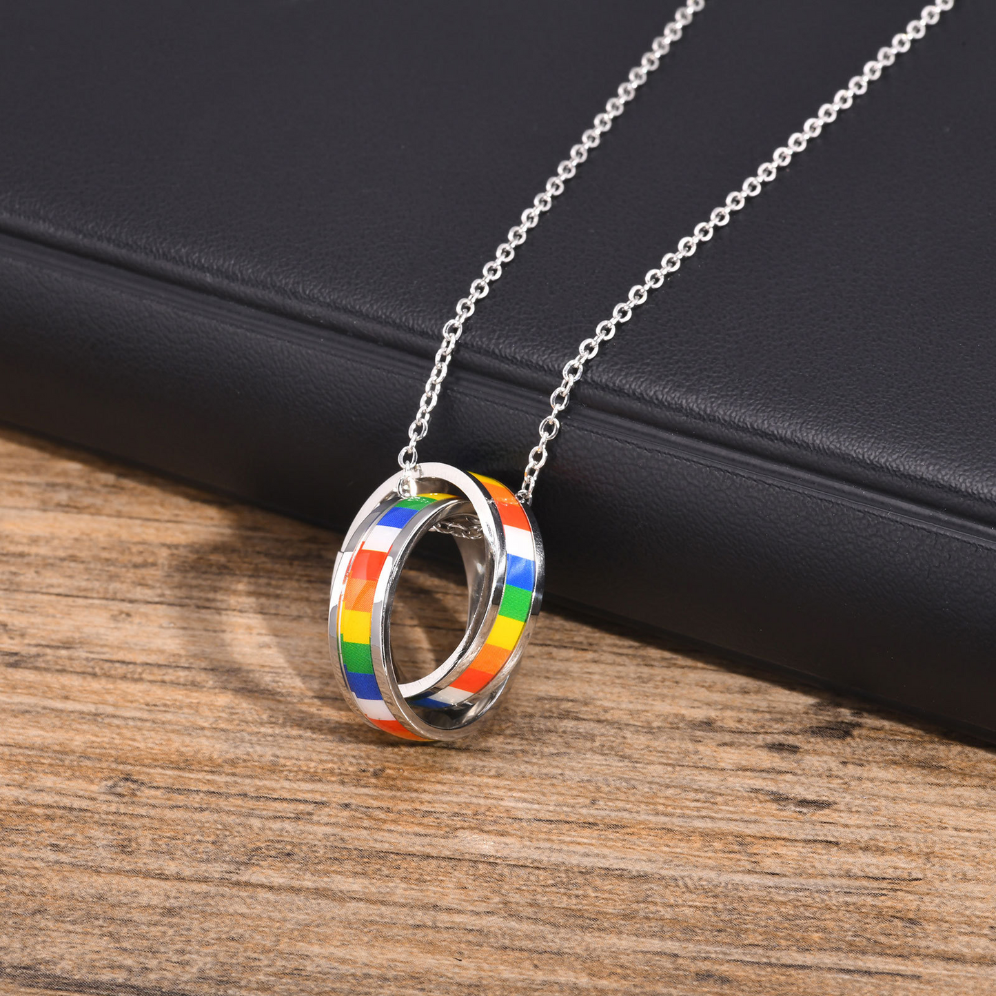 Kemstone Stainless Steel Double Ring Pendant Necklace for Men – Interlocking Color Enamel Bands PPN-006