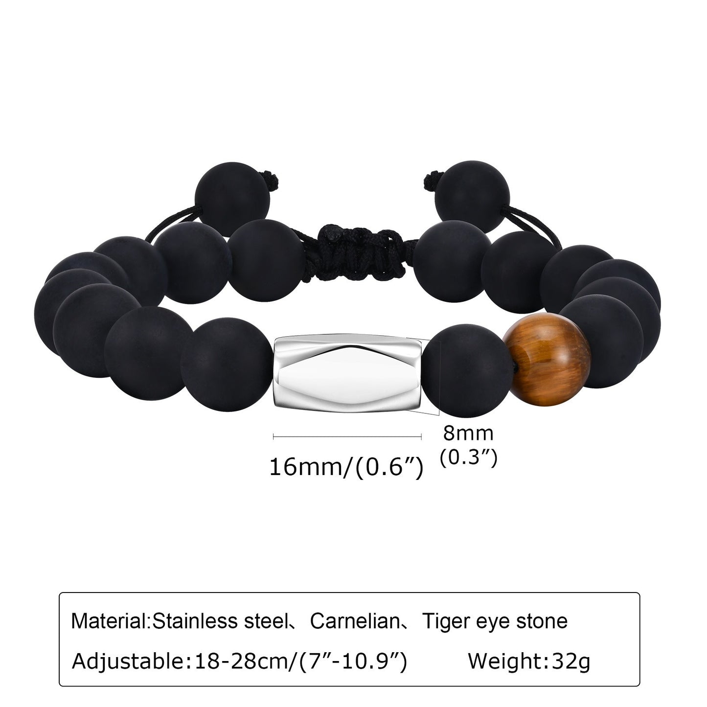 Kemstone Men’s Matte Onyx & Tiger Eye Bracelet – Adjustable Natural Stone Band BR-1680