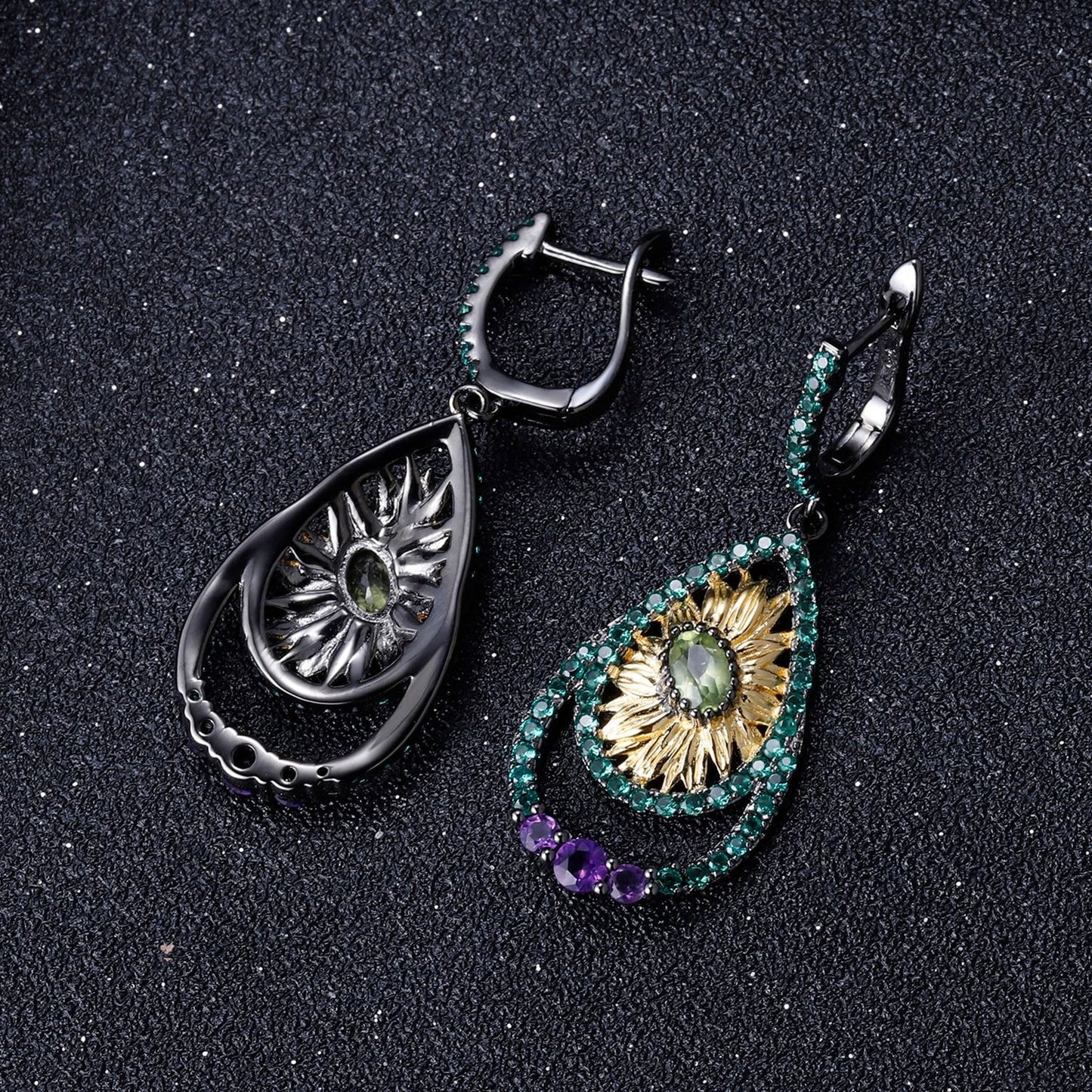 Pendientes de peridoto con diseño original de girasol, hechos a mano por Kemstone, plata de ley 925 con baño de oro, K24426E