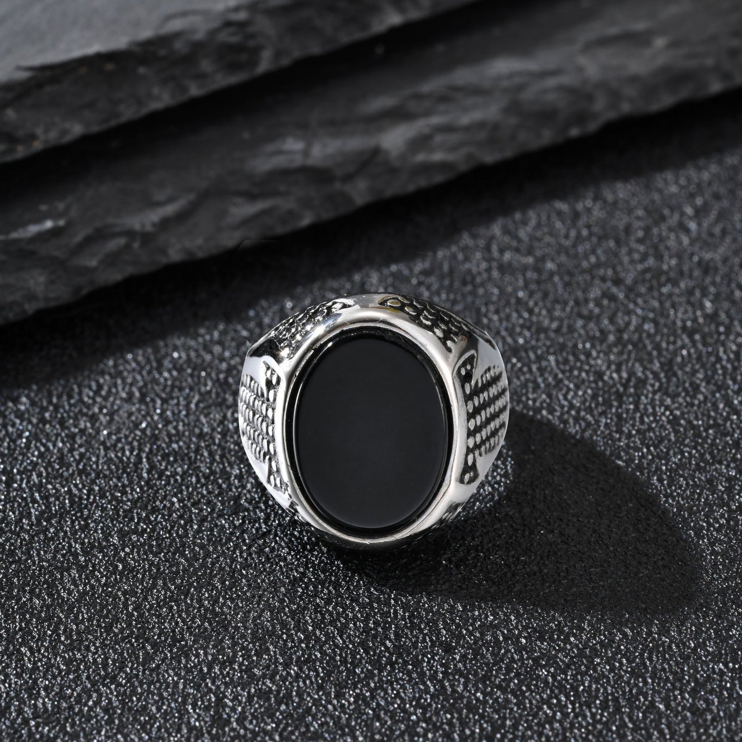 Kemstone Double Sword Black Stone Signet Ring for Men – Stainless Steel Vintage Relief RC-1028