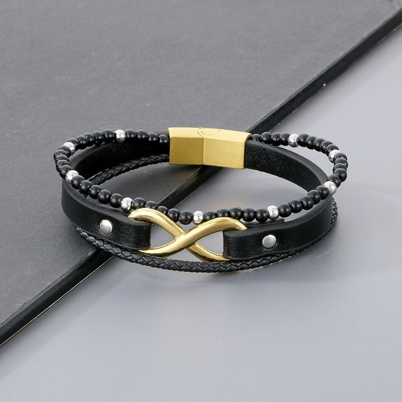 Kemstone Layered Leather Beaded Infinity Bracelet for Men Stainless Steel Clasp Wristband KB180750-JR