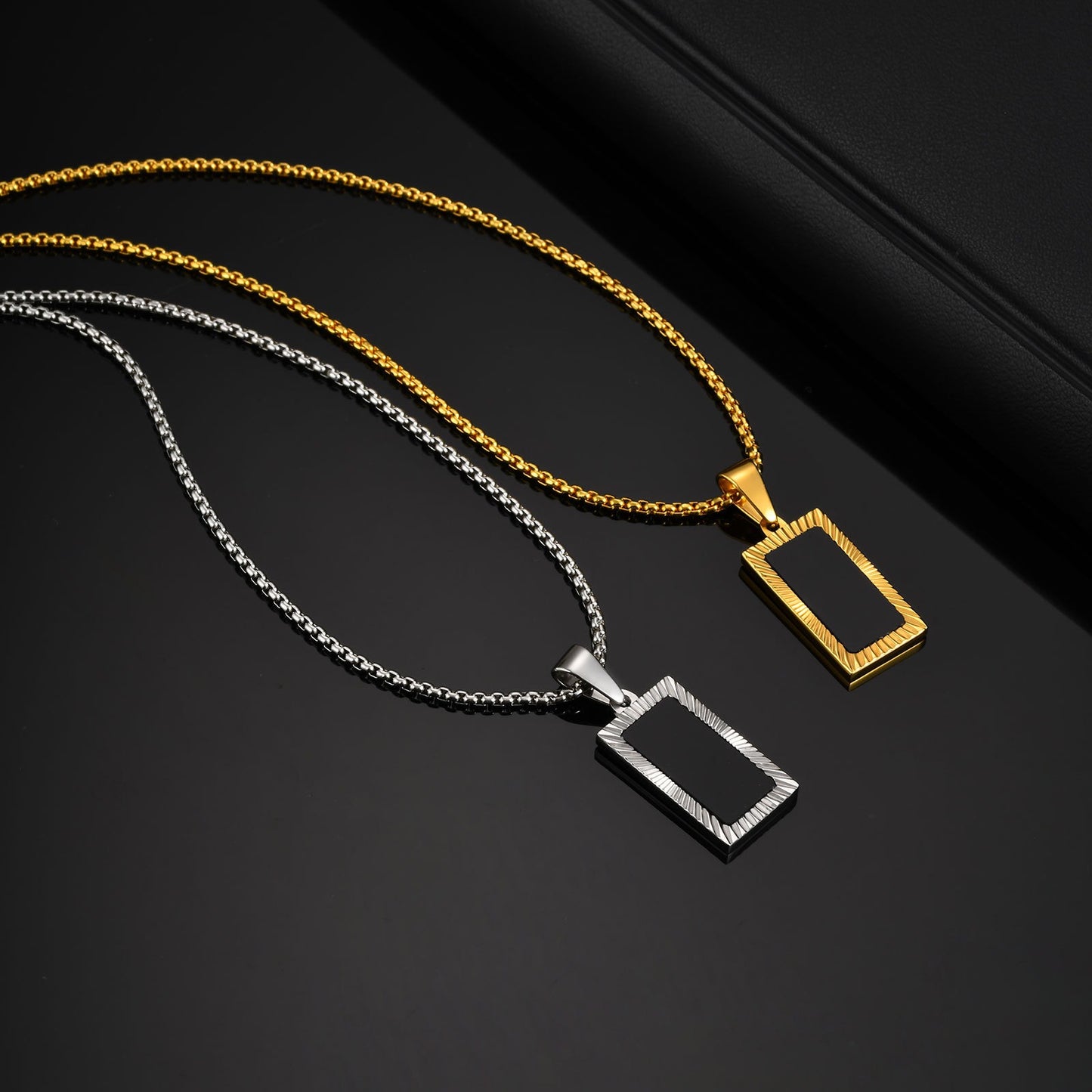 Kemstone Stainless Steel Carved Black Acrylic Rectangular Pendant Necklace for Men – Vintage Frame Design PN-2188