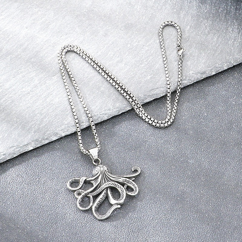 Kemstone Titanium Steel Octopus Fish Bone Pendant Necklace for Men Punk Ocean Animal Vintage Oxidized Silver KP117754-LU