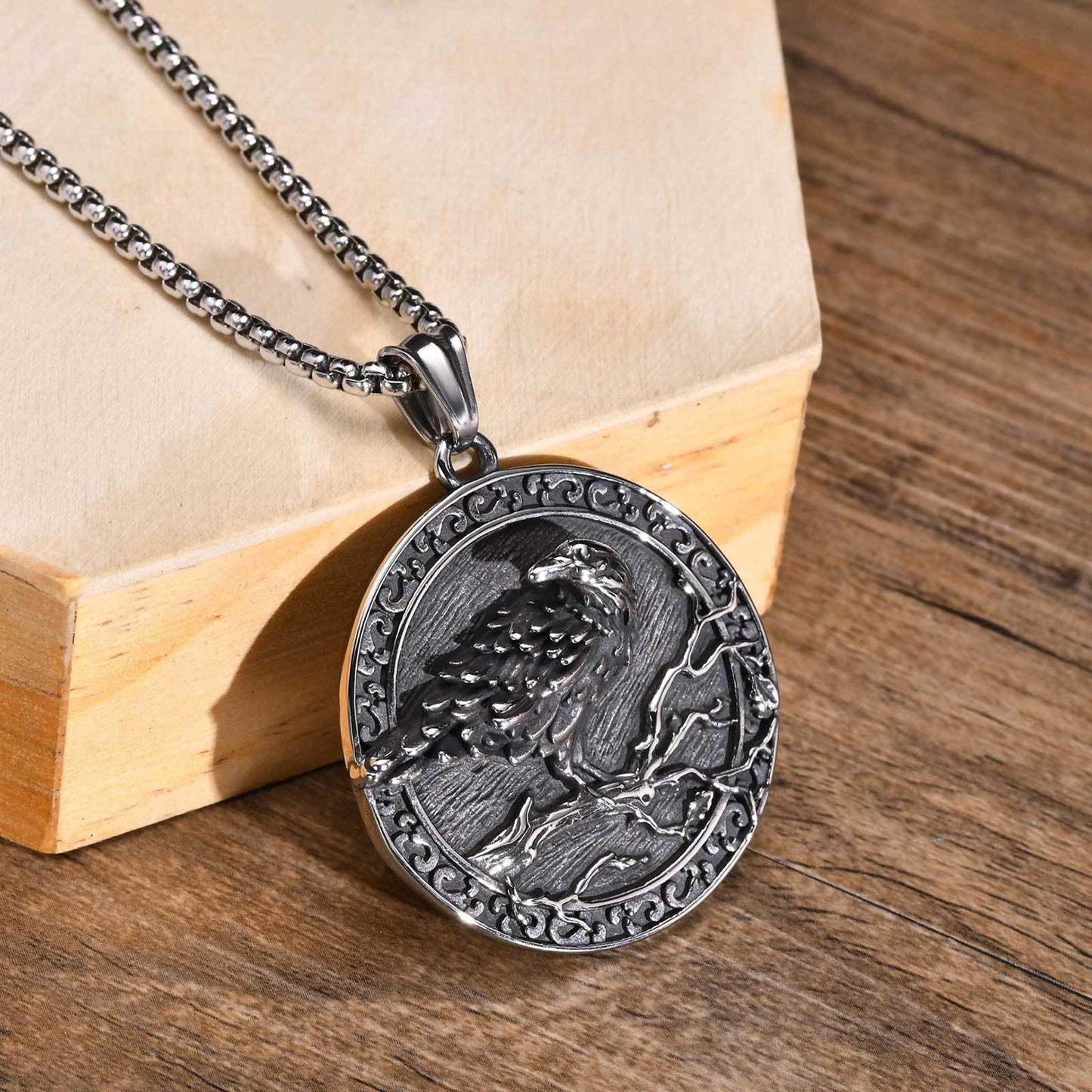Kemston Raven Medallion Pendant Necklace for Men Stainless Steel Vintage Round PN-1642