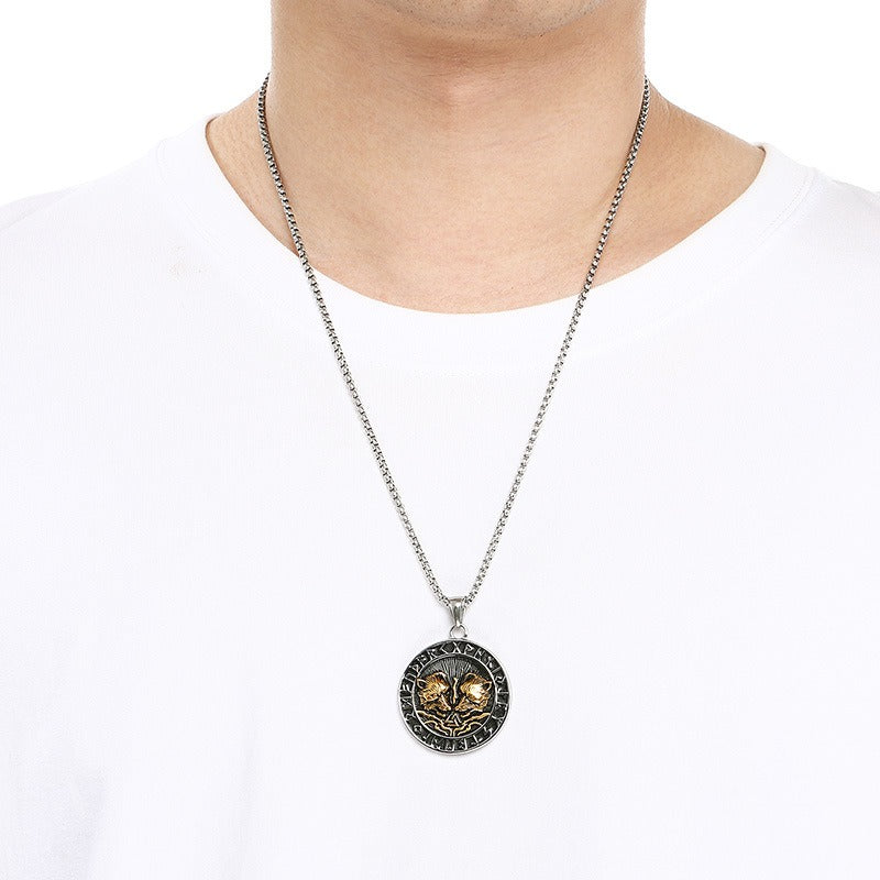 Kemstone Viking Axe Raven Wolf Pendant Necklace Stainless Steel - Rune Coin Norse Style Men KP117708-LU