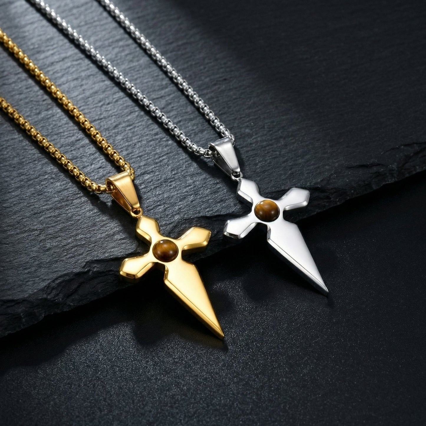 Kemstone Stainless Steel Tiger Eye Cross Pendant Necklace for Men PN-2287