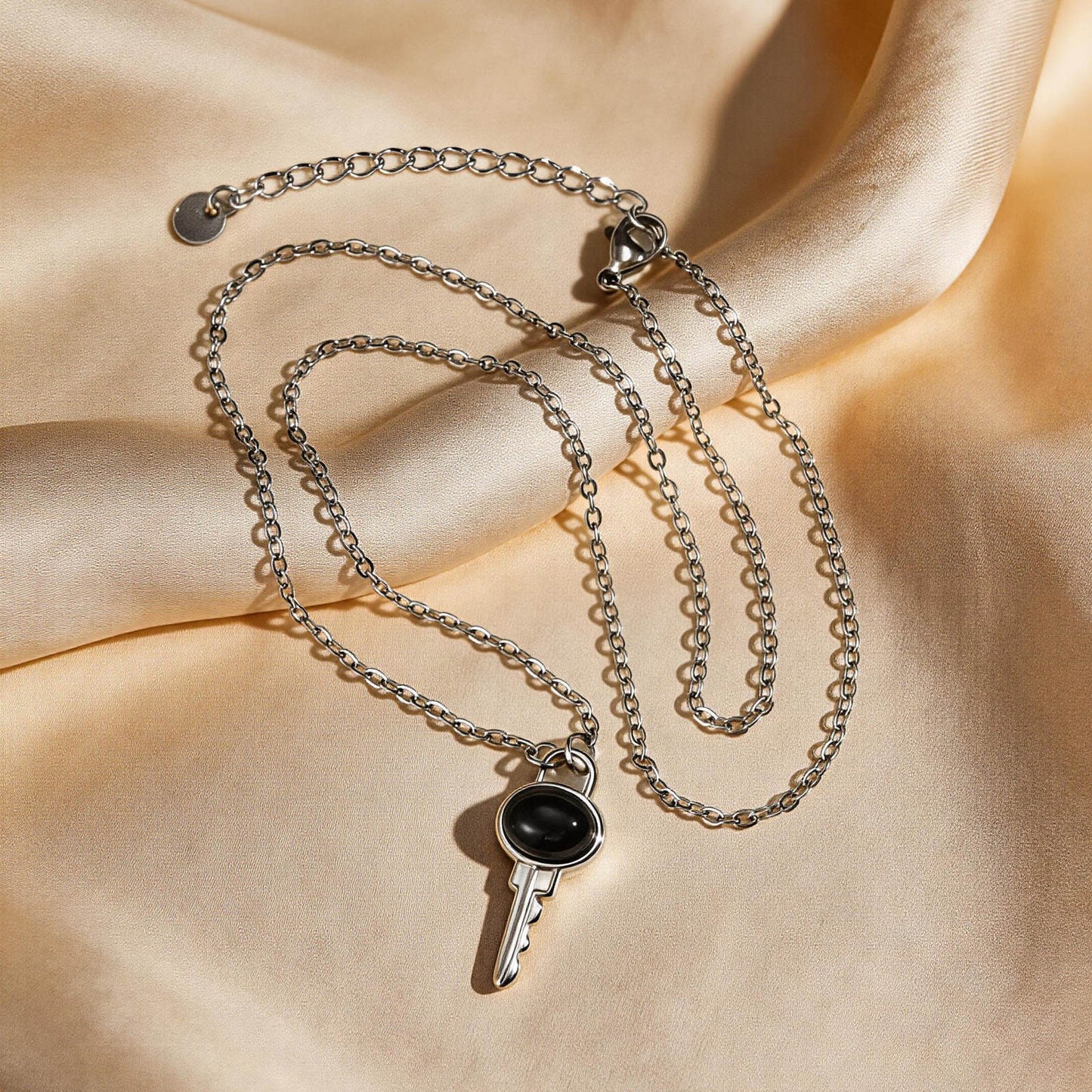 Kemstone Stainless Steel Key Pendant Necklace Black Onyx Minimalist Chain for Men & Women NC-2705