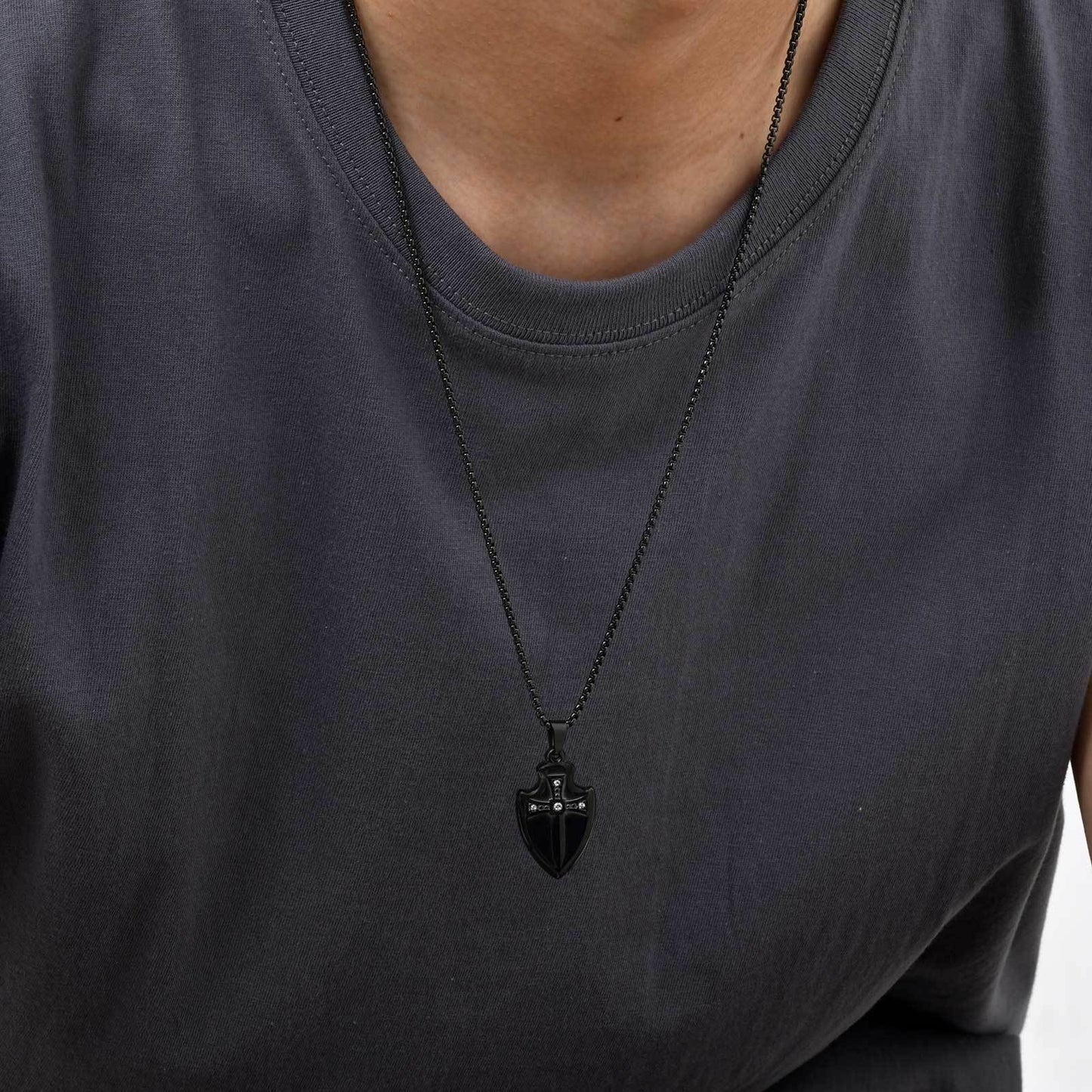 Kemstone Stainless Steel Shield Pendant Necklace for Men Cubic Zirconia Sword Design PN-2177