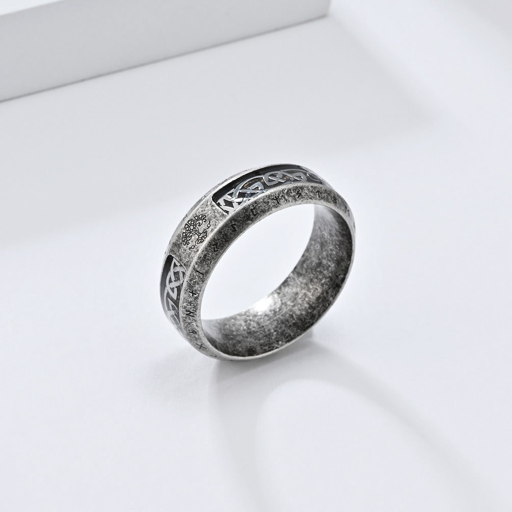 Kemstone Stainless Steel Viking Rune Ring – Tree of Life & Eternal Knot K-R919