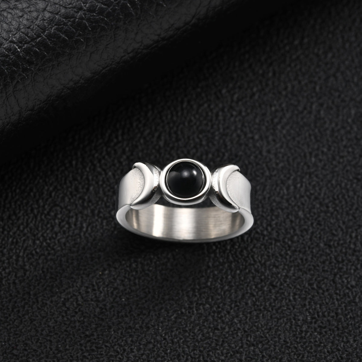 Kemstone Black Onyx Ring for Men Stainless Steel Twin Crescent RC-1171