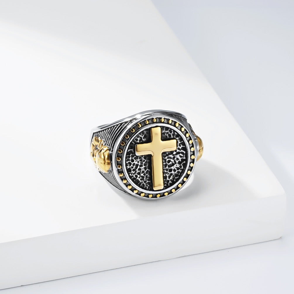 Kemstone Titanium Steel Cross Medallion Ring for Men Two Tone Round Signet Vintage Style Silver Gold Black K-R1140