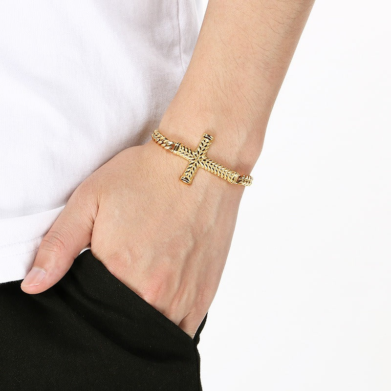 Kemstone Stainless Steel Adjustable Cross Cuban Link Bracelet for Men KB210837-KFC