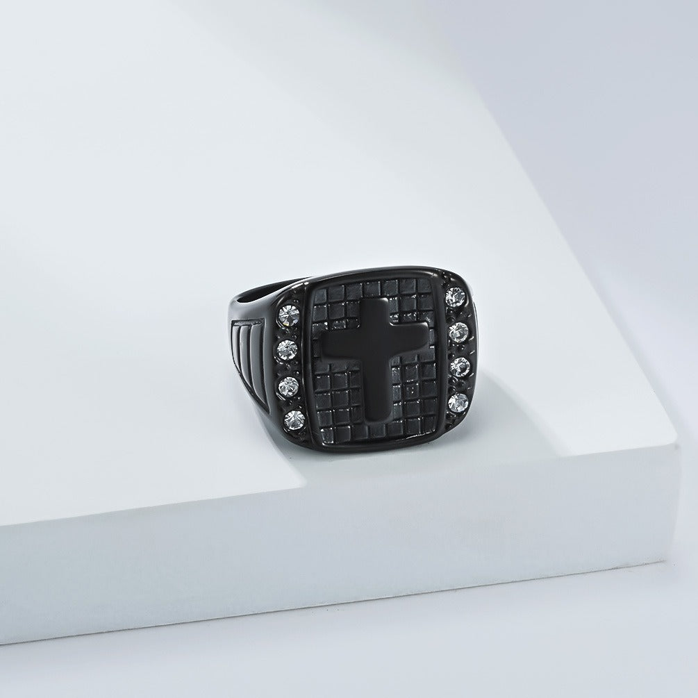 Kemstone Men’s Stainless Steel Cross Ring – CZ Inlaid Signet Jewelry K-R1078