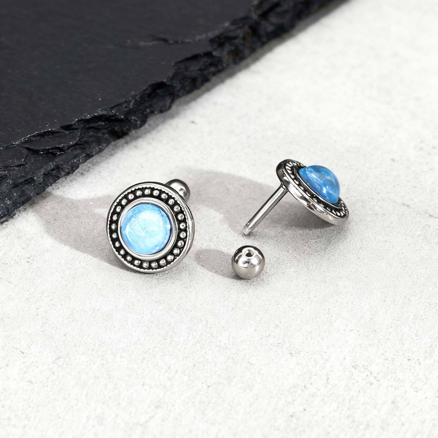 Kemstone Stainless Steel Blue Resin Stud Earrings for Men – Silver ES-769