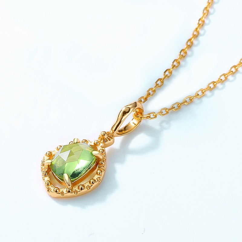 Collar con colgante de peridoto natural, diseño original, hecho a mano por Kemstone | Collar de oro y plata de ley S925 | Collar con colgante bohemio geométrico | Cadena de piedras preciosas, 45 cm