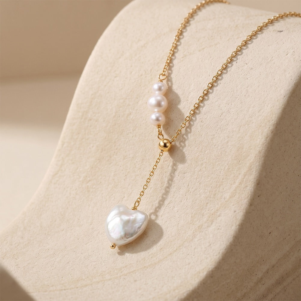 Kemston Baroque Heart Freshwater Pearl Y Necklace for Women 925 Sterling Silver Gold Tone GPN116