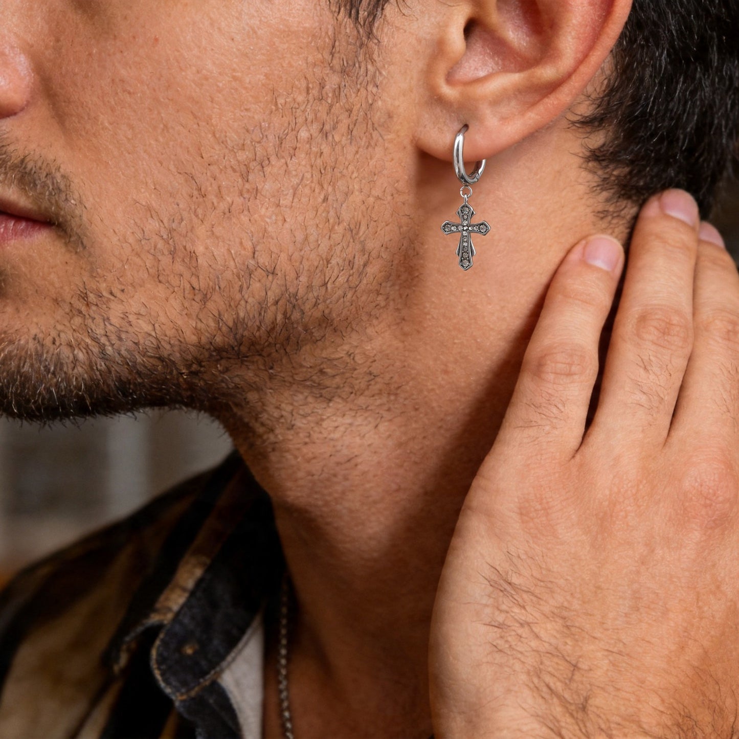 Kemstone Stainless Steel Cross Hoop Earring for Men Cubic Zirconia Inlay ED1089