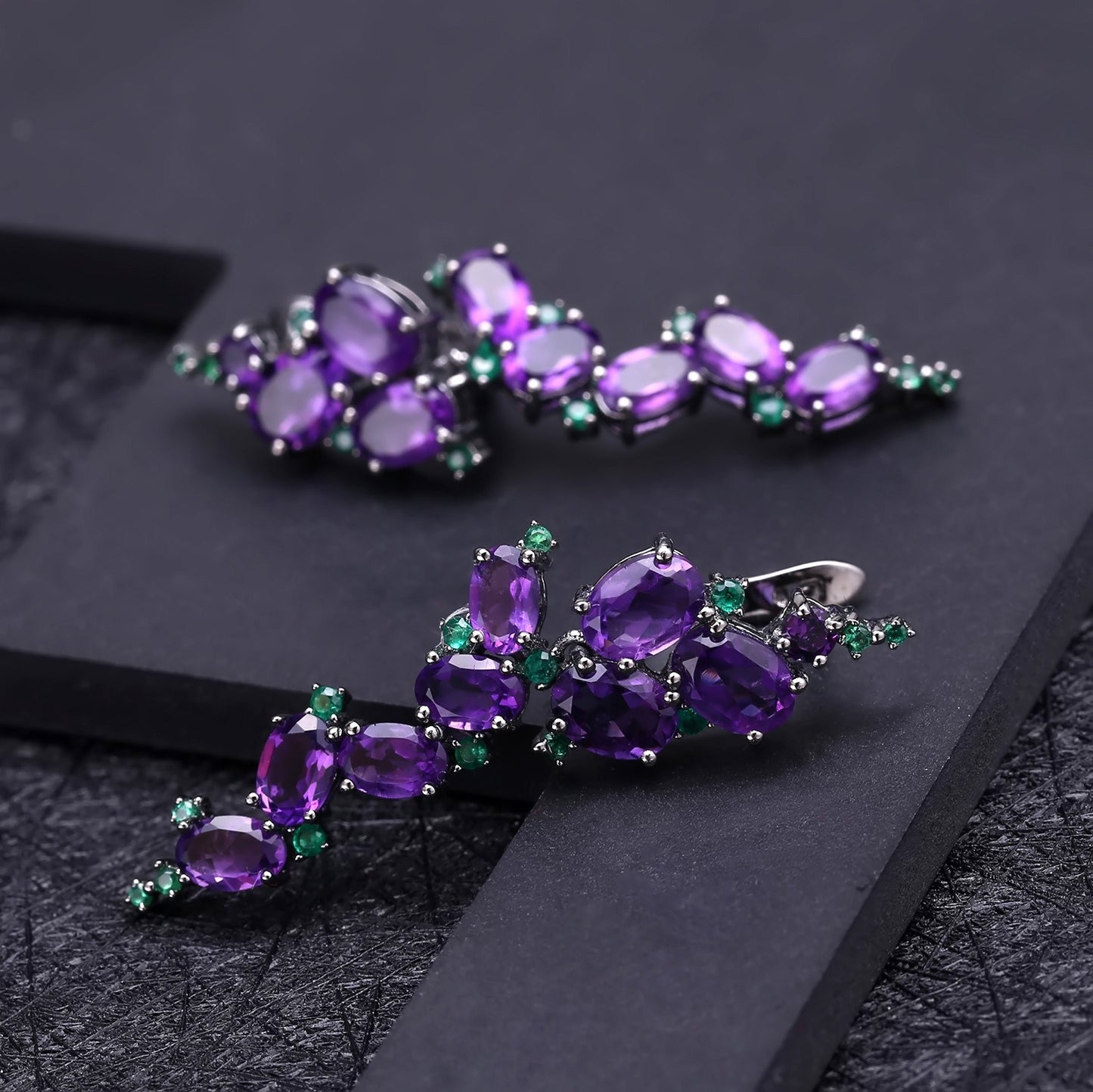 Orecchini Kemstone artigianali con pietre preziose a forma di foglia di ametista naturale vintage dal design originale | Argento Sterling 925