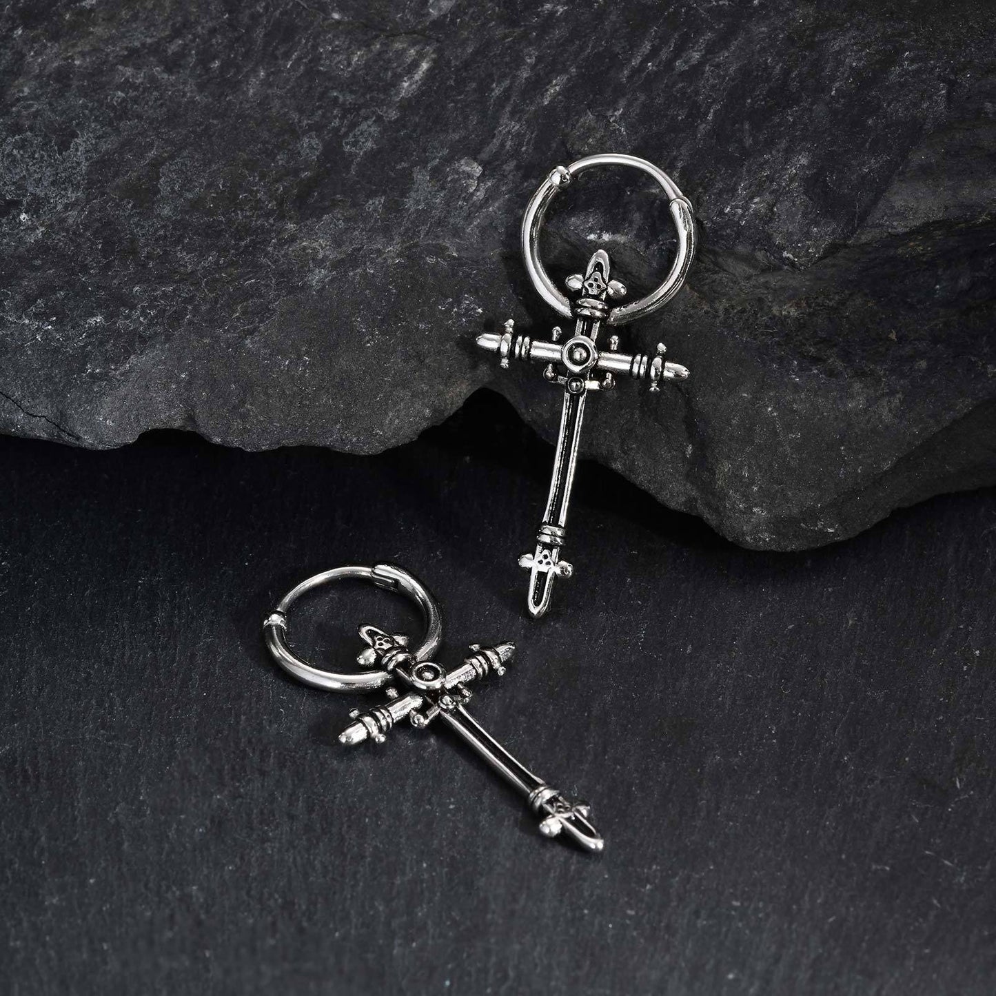 Kemstone Stainless Steel Cross Hoop Earring for Men – Vintage Silver ED-966