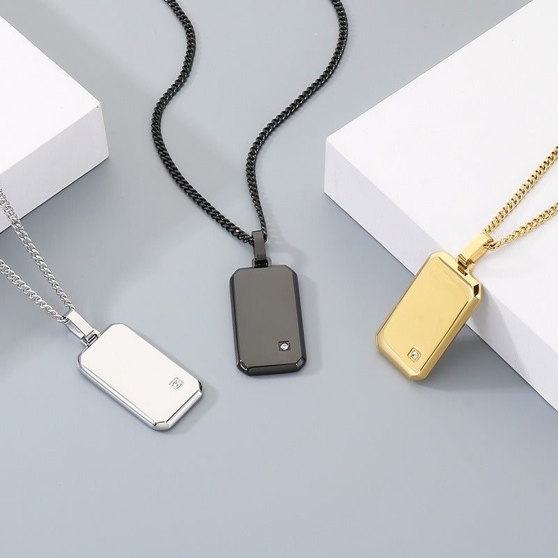 Kemstone Titanium Steel Tag Pendant Necklace for Men Minimalist Rectangular Cubic Zirconia KN301519-KFC