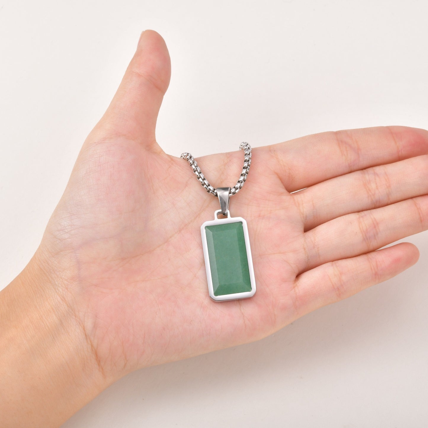 Kemstone Green Stone Pendant Necklace Stainless Steel Rectangular Minimalist Necklace for Men PN-2259