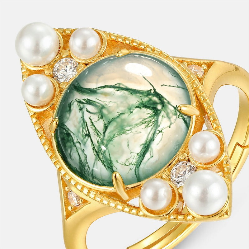 Anillo minimalista de ágata musgosa, diseño original, hecho a mano por Kemstone - Plata S925 ajustable con baño de oro de 10 quilates