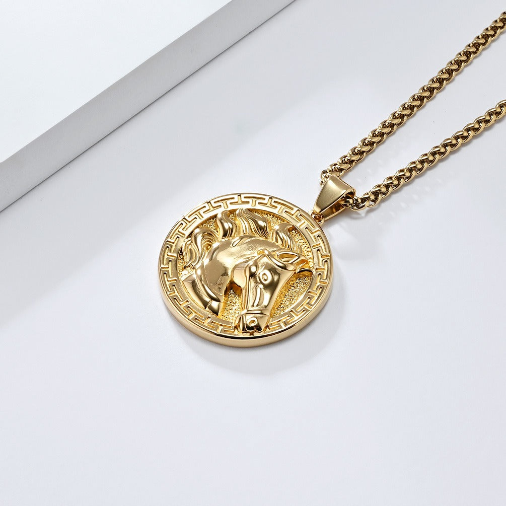 Kemstone Stainless Steel Horse Head Medallion Pendant Necklace for Men K-PT607