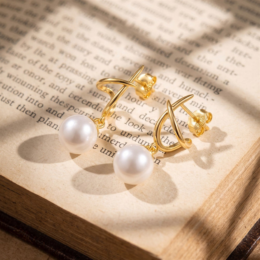 Kemstone Pearl Drop Earrings for Women 925 Sterling Silver Curved Line Design PSE14