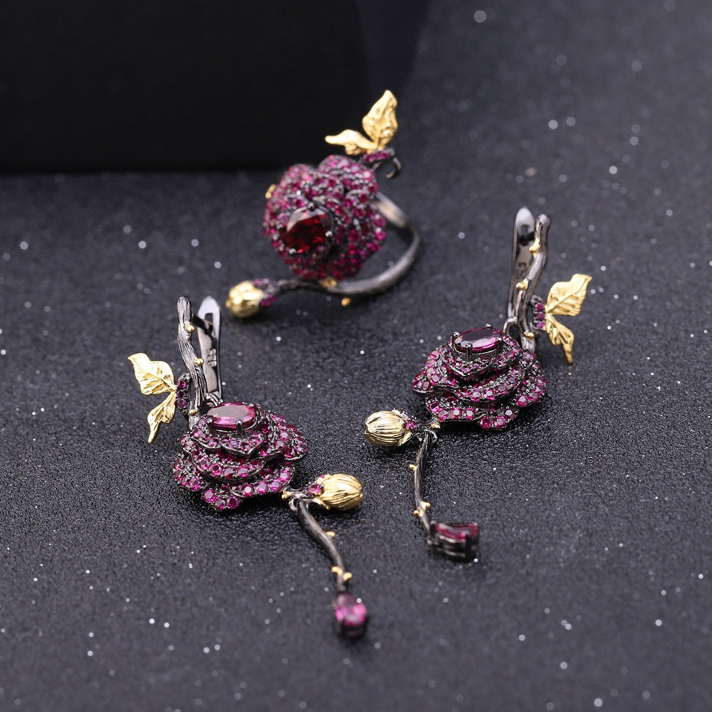 Pendientes de rosa artesanales Kemstone | Granate rodolita y rubí naturales de 0,6 ct | Plata de ley S925 | Longitud de 7 cm T7-C7630E