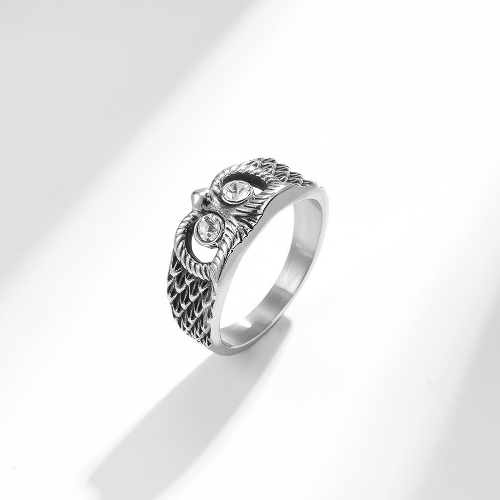 Kemstone Stainless Steel Owl Ring – Vintage Finish Animal Band with Cubic Zirconia Eyes for Men & Women K-R625