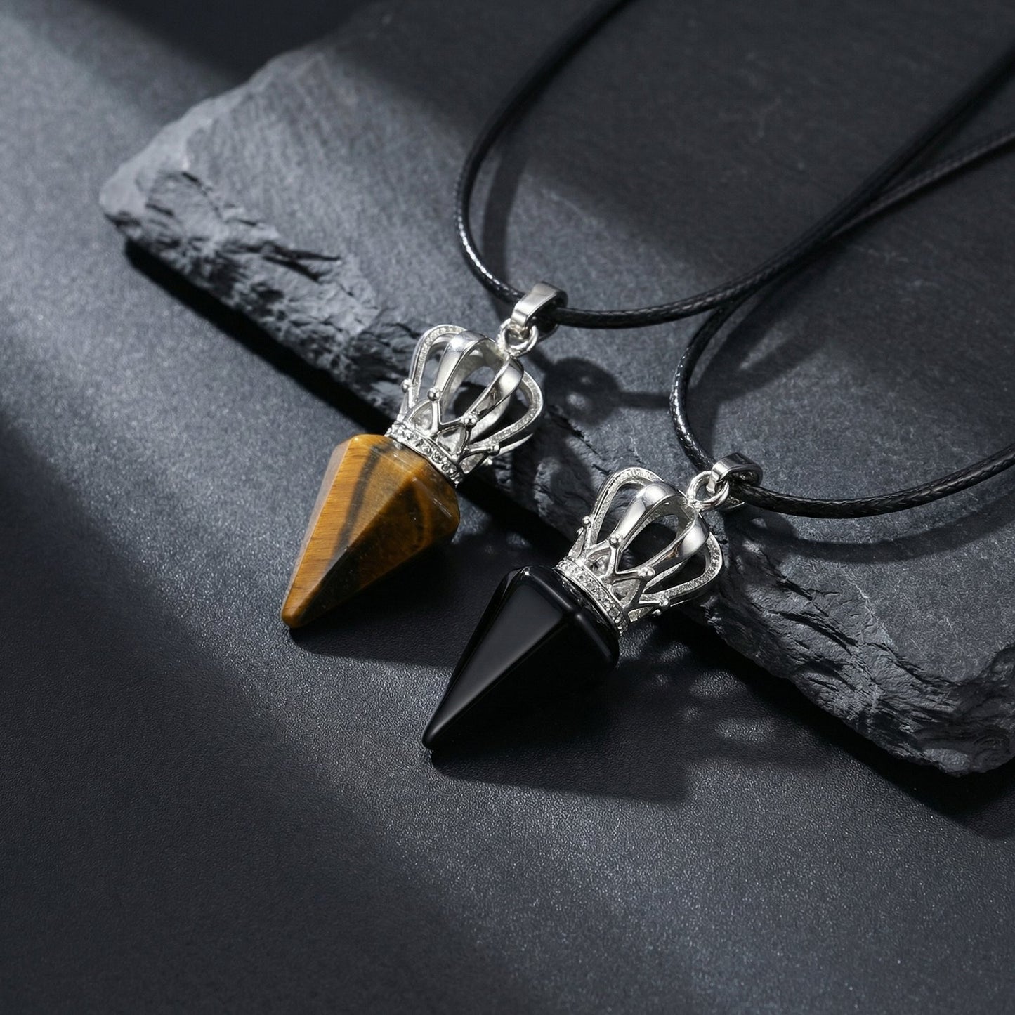 Kemstone Stainless Steel Bullet Tip Hexagonal Crown Tiger Eye Stone Pendant Necklace for Men PN-2286