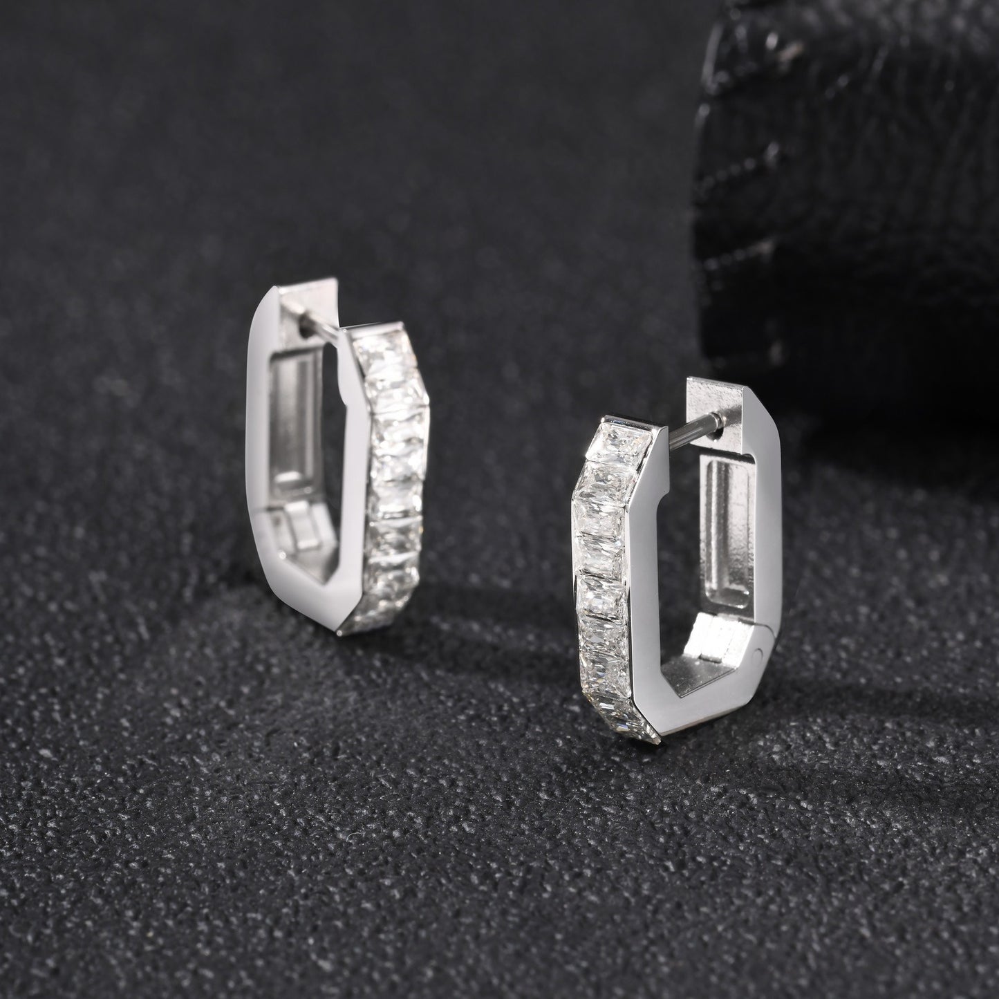 Kemstone Octagon Hoop Earrings for Men Stainless Steel Black Silver EH-802