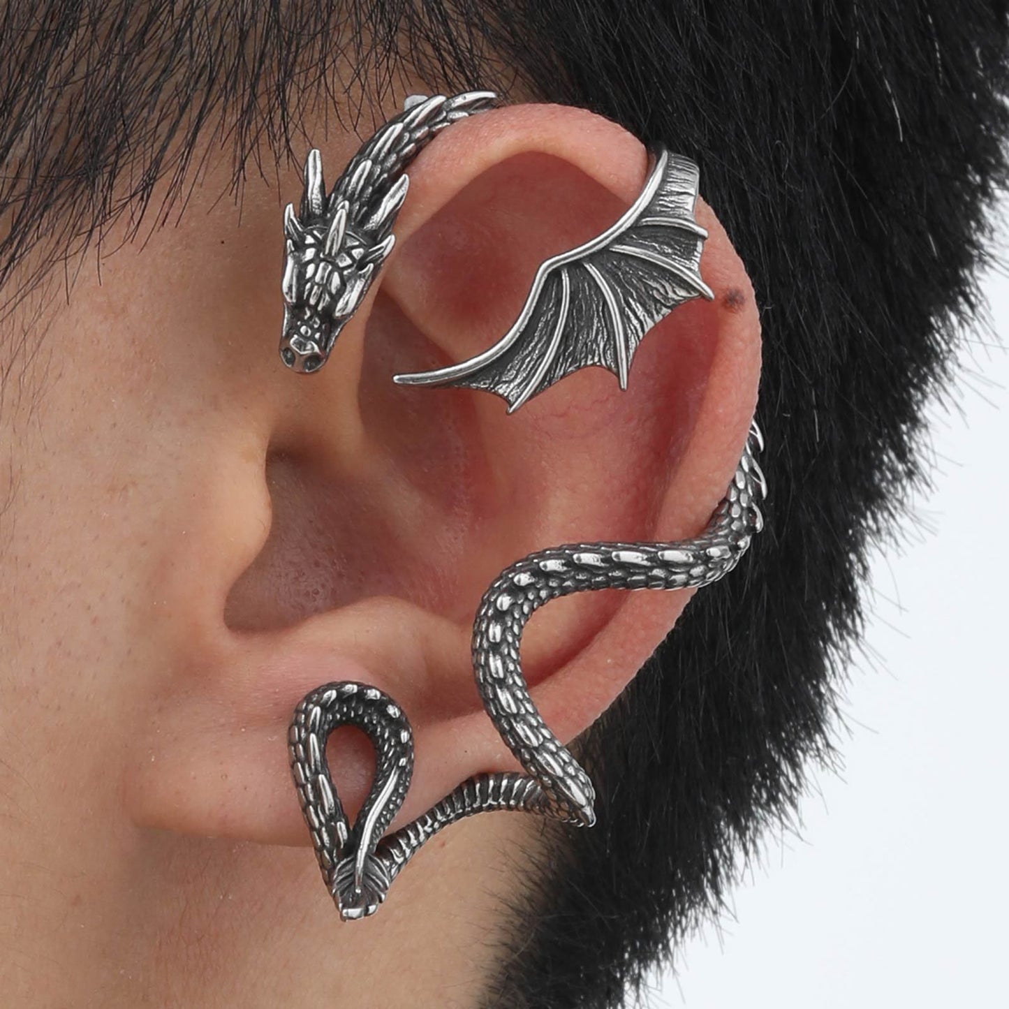 Gothic Dragon Ear Cuff for Men – Clip-On No Piercing Earring, Viking Style Snake Wrap Design ED-786
