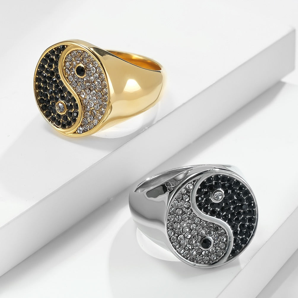 Kemstone Yin Yang Signet Ring for Men Stainless Steel Black White Stone K-R606