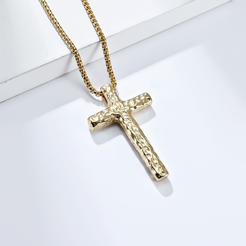 Kemstone Stainless Steel Cross Pendant Necklace for Men Hammered Textured Vintage K-PT504