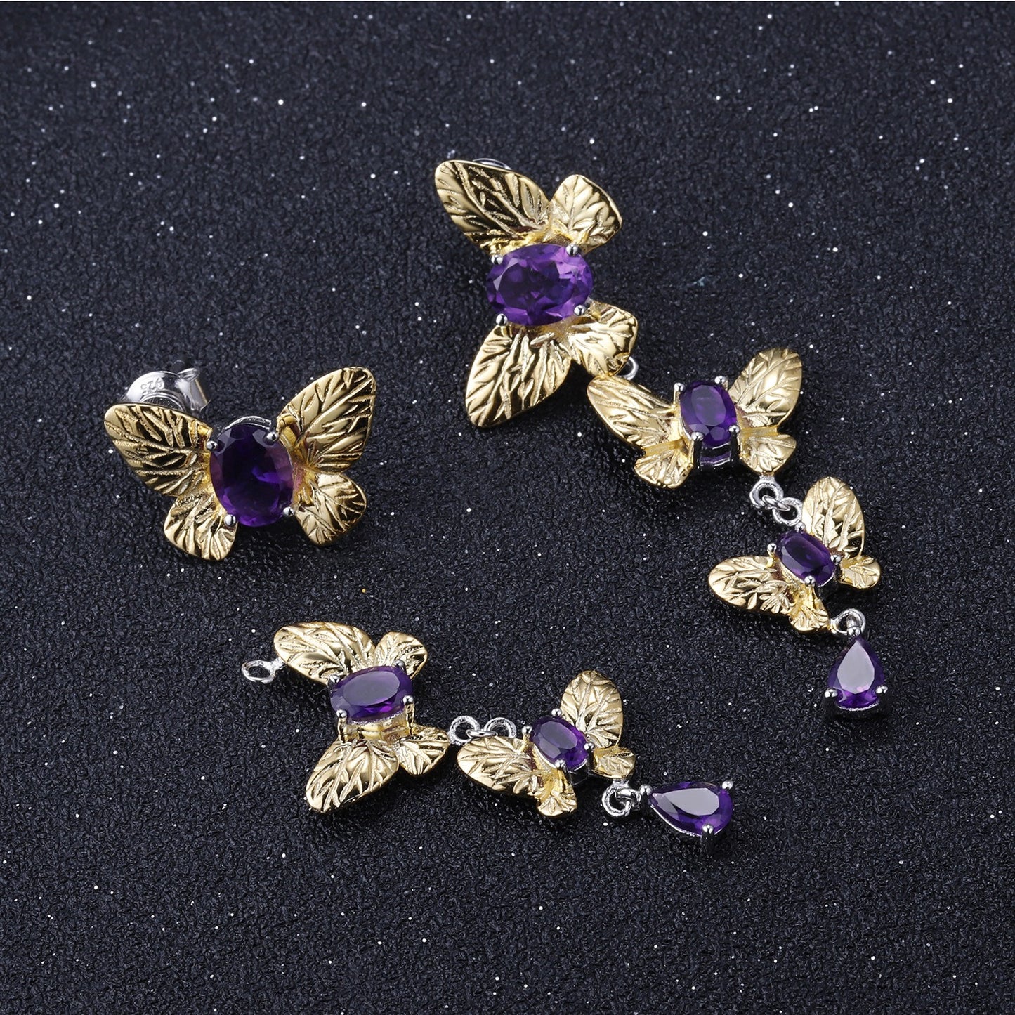 Pendientes colgantes de plata de ley S925 con gemas, diseño original artesanal de Kemstone, con diseño de mariposa de amatista natural y topacio azul suizo para mujer.