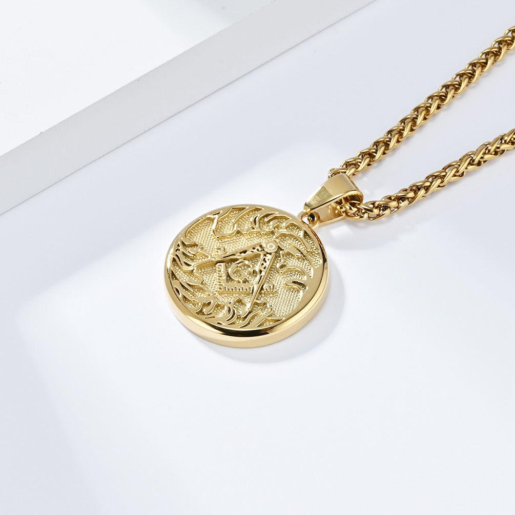 Kemstone Men’s Stainless Steel Necklace – Vintage Masonic-Style Round Pendant K-PT564