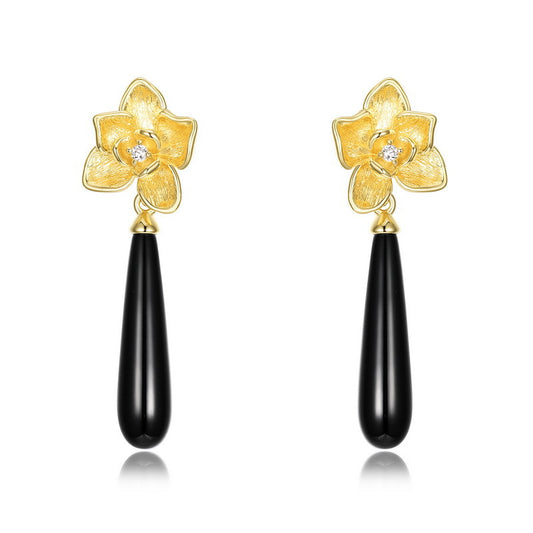 Kemstone 925 Sterling Silver Gold-Plated Black Onyx Flower Drop Earrings – Elegant Teardrop Dangle Jewelry for Women