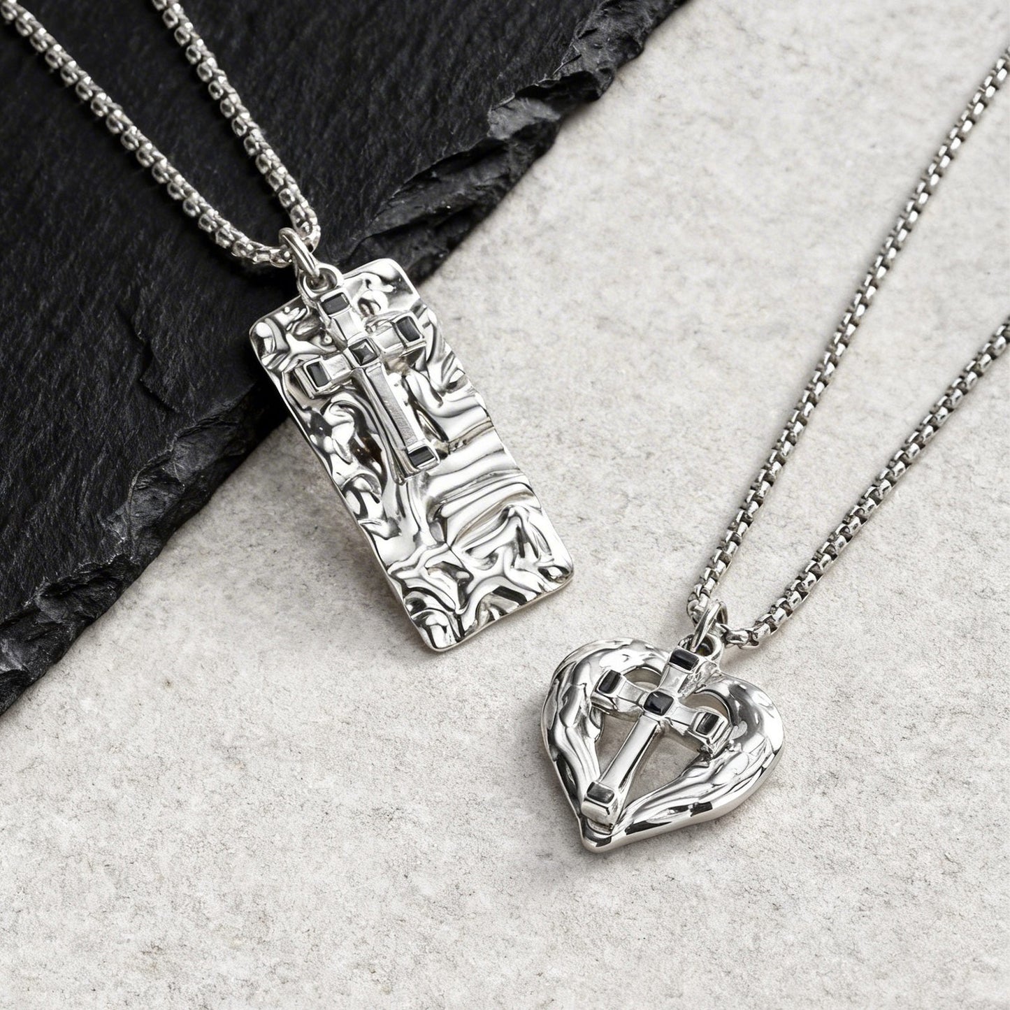 Kemstone Stainless Steel Cross Pendant Necklace for Men Women Textured Heart PN-2275