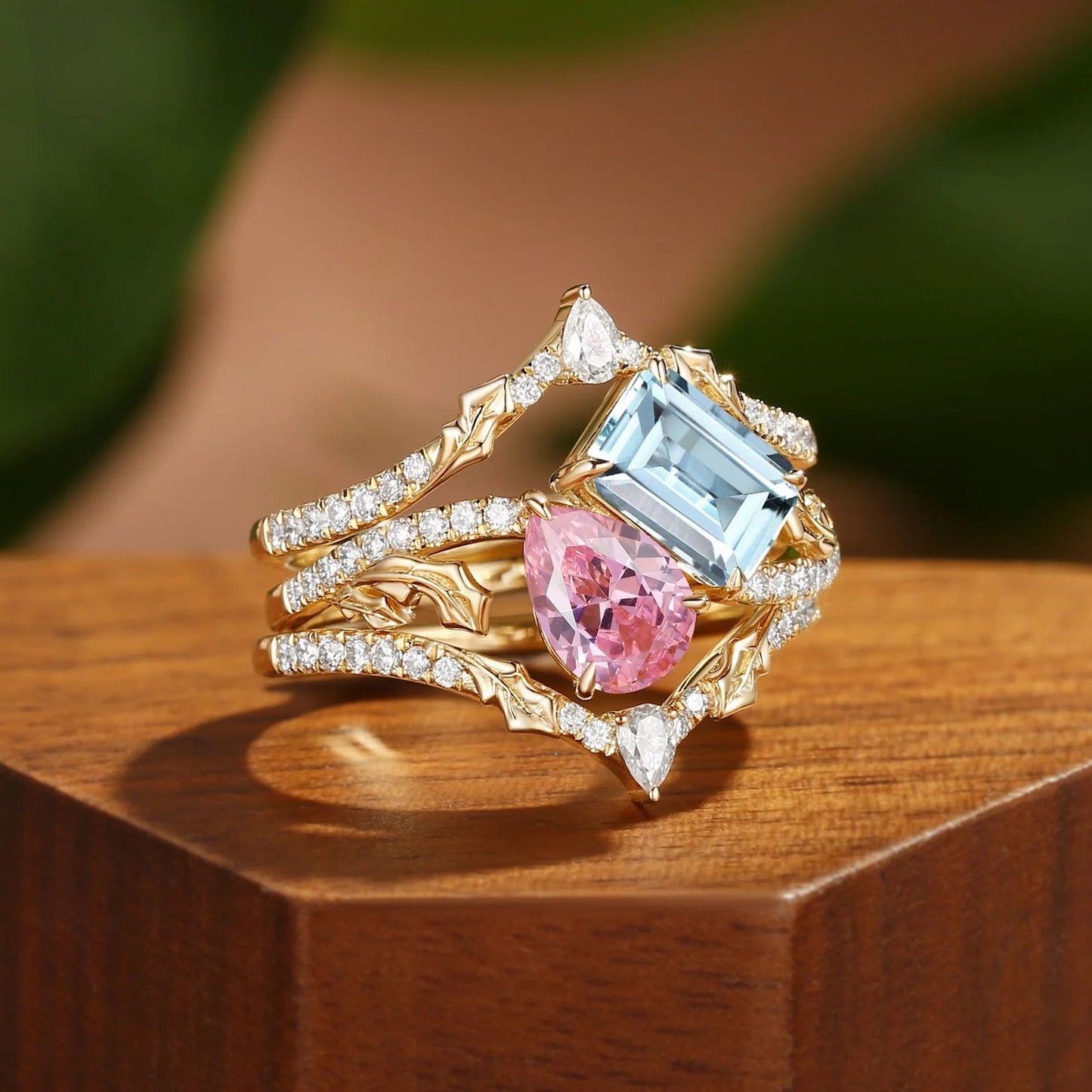 Kemstone Pink Sapphire & Aquamarine Ring Set for Women – S925 Sterling Silver 18K Gold Plated Floral Stackable Ring T7-YC0302RS