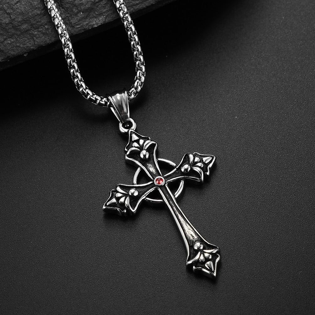 Kemstone Stainless Steel Red Cubic Zirconia Cross Pendant Necklace for Men Vintage Silver K-PT396