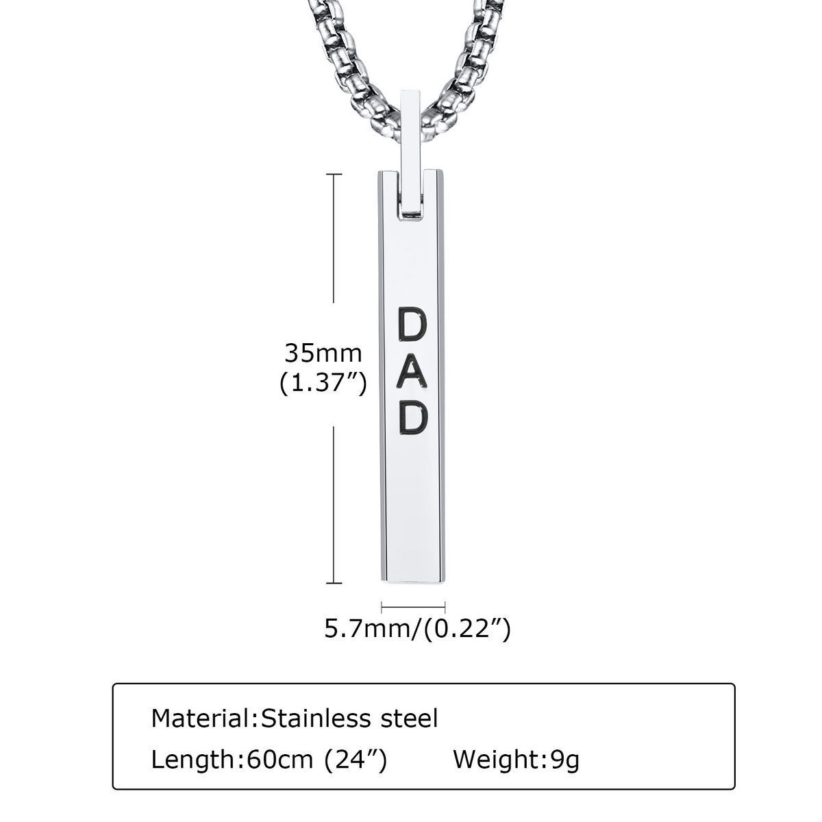 Kemstone DAD Bar Pendant Necklace for Men Stainless Steel PN-7030