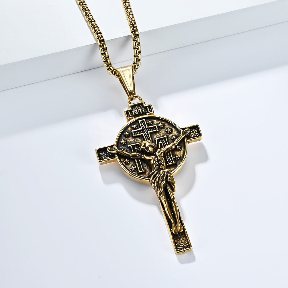 Kemstone Men’s Titanium Steel Cross Necklace – Vintage Relief Pendant K-PT641
