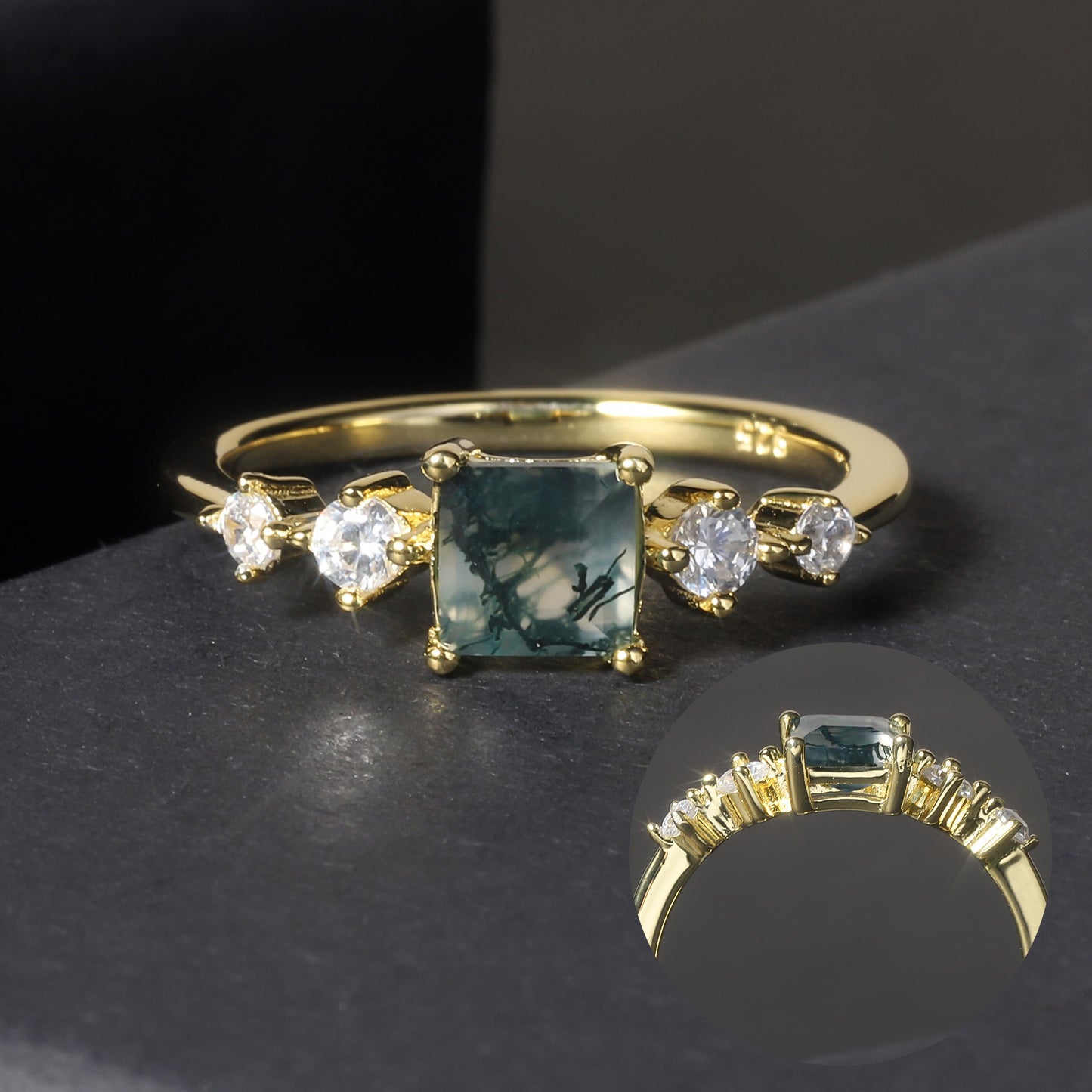 Anillo de compromiso de ágata musgosa de plata de ley 925 con corte cuadrado de 5 x 5 mm, diseño original artesanal de Kemstone para mujer