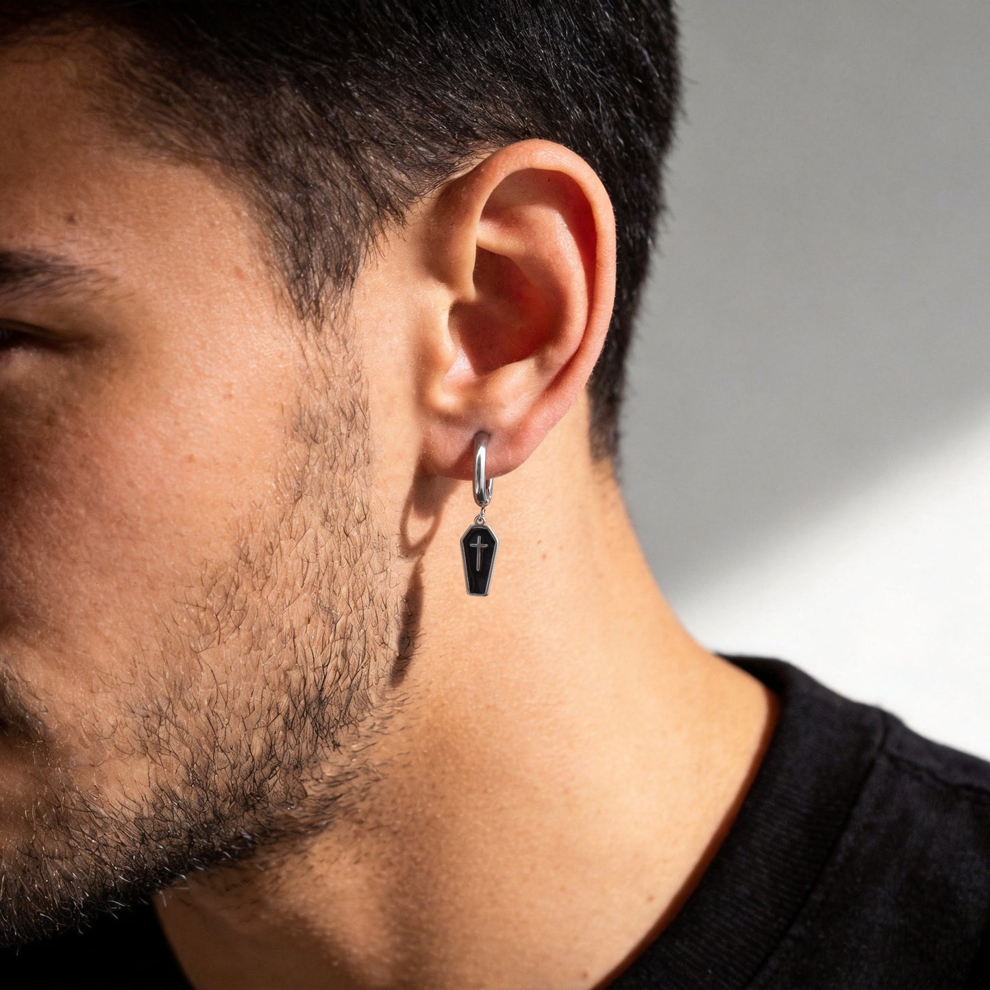 Kemstone Stainless Steel Cross Hoop Earring for Men Dark Drop ED-1090
