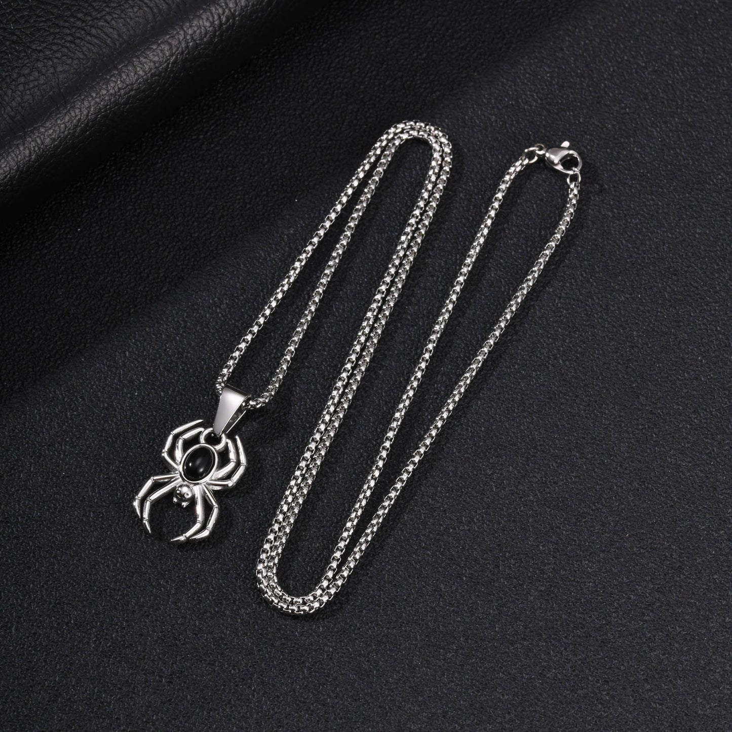 Kemstone Black Agate Spider Pendant Necklace for Men Stainless Steel Gothic PN-2453