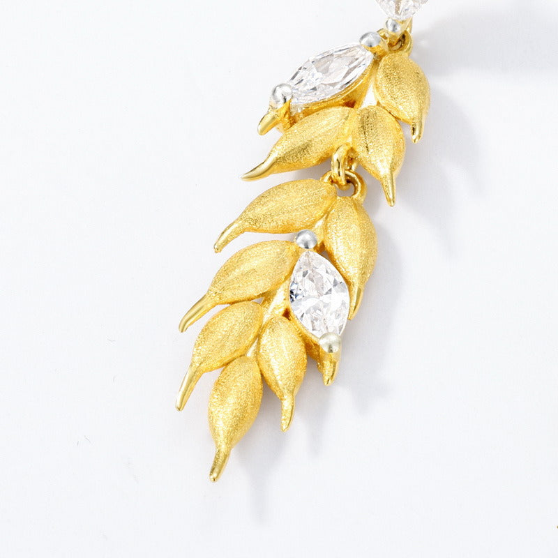 Kemstone 925 Sterling Silver Gold-Plated Wheat Tassel Earrings – Handmade Brushed Drop Earrings with Cubic Zirconia for Women