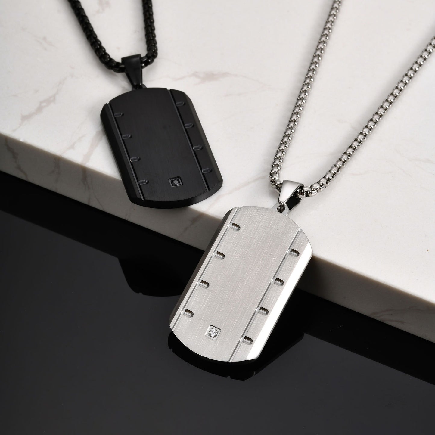 Stainless Steel Square Pendant Necklace for Men – Beveled Edge with Single Cubic Zirconia PN-2109