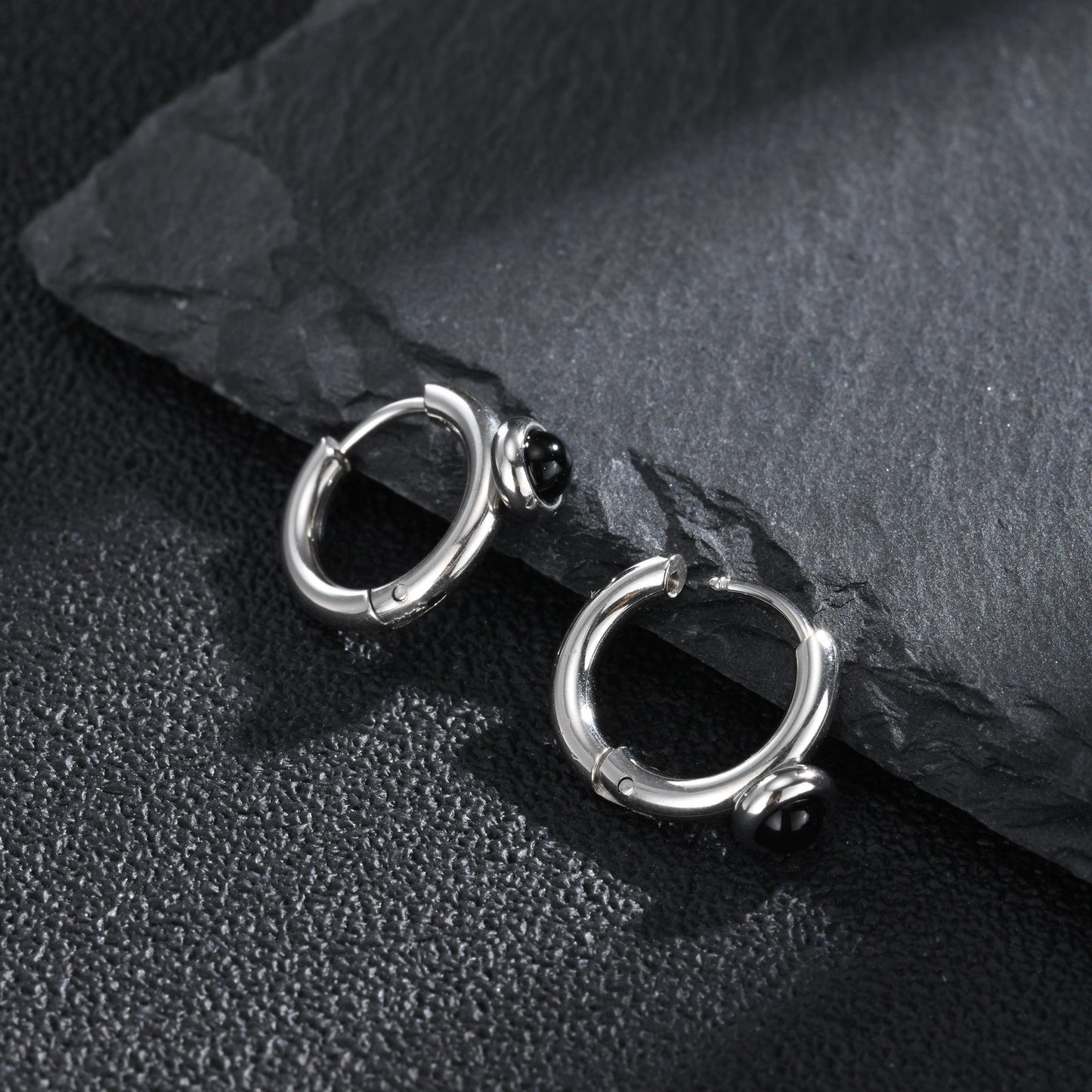 Kemston Black Agate Hoop Earring for Men Stainless Steel Minimalist EH-897